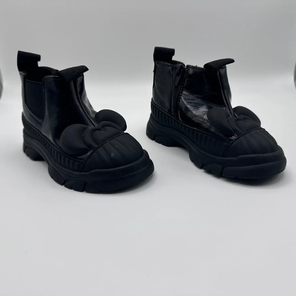 Zara Kids Disney Mickey Mouse Black Glossy Ankle Boots Chunky Lug Sole‎ 21